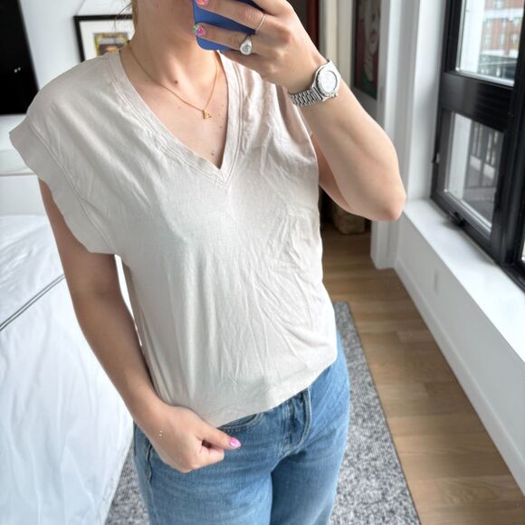 Zara Cap Sleeve V-Neck T-Shirt Off White XS - Picture 5 of 9